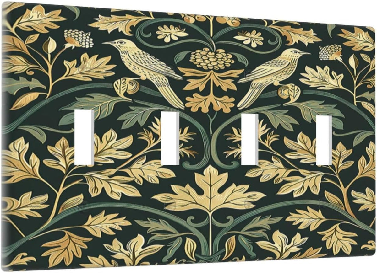 Light Switch Covers William Morris Vintage Botanical Birds Golden Green Leaves Quad Toggle