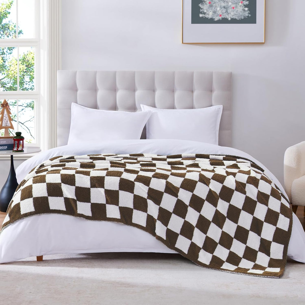 WRENSONGE Checkered Throw Blanket, Coffee Soft Cozy Fluffy Warm Hand Made Throw Blankets for Couch