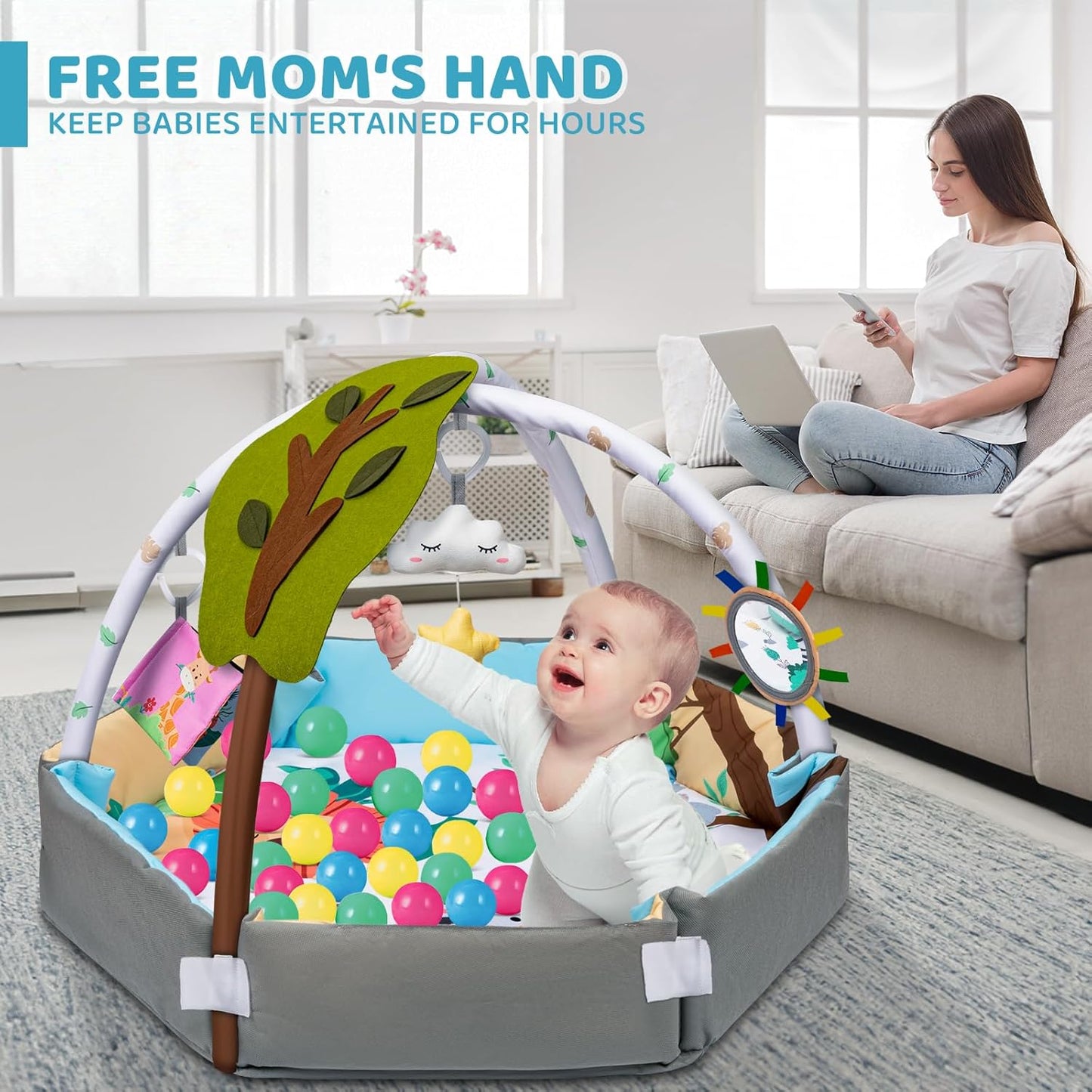 Baby Gym Play Mat, 8-in-1 Tummy Time Mat & Ball Pit with 6 Toys, Washable Baby Activity Play Mat