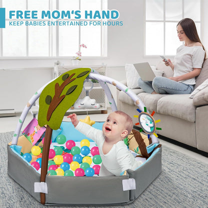 Baby Gym Play Mat, 8-in-1 Tummy Time Mat & Ball Pit with 6 Toys, Washable Baby Activity Play Mat