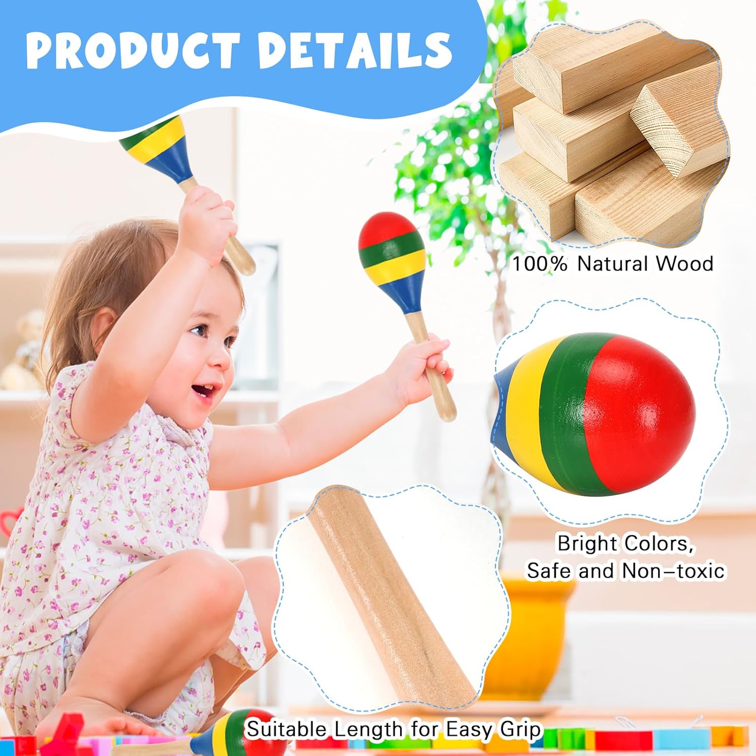 2 Pcs Maracas, Hand Percussion Rattles for Kids, Wooden Rumba Shaker Hand Musical Instruments with