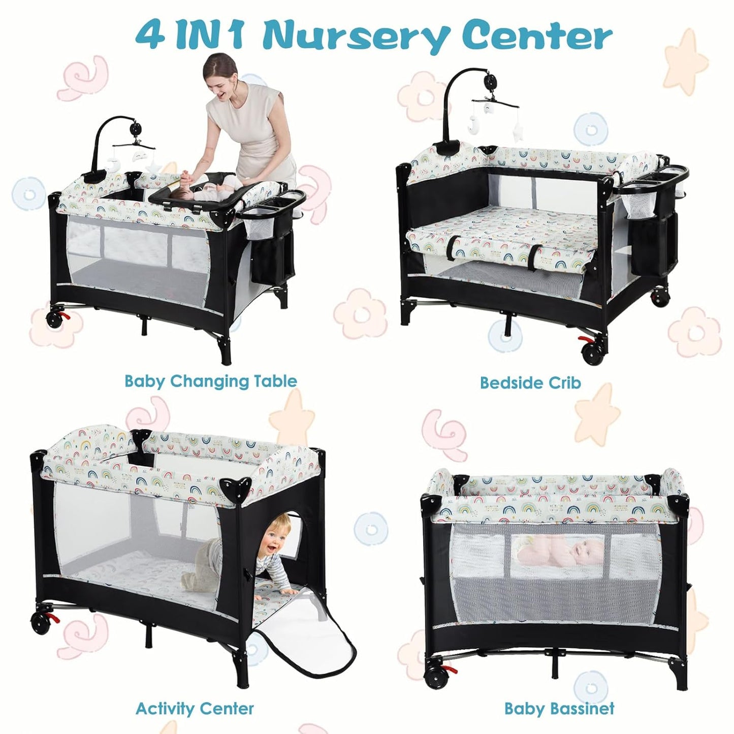 Kinder King 4 in 1 Portable Nursery Center, Foldable Baby Bedside Crib w/Bassinet, Infant Pack n