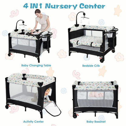 Kinder King 4 in 1 Portable Nursery Center, Foldable Baby Bedside Crib w/Bassinet, Infant Pack n