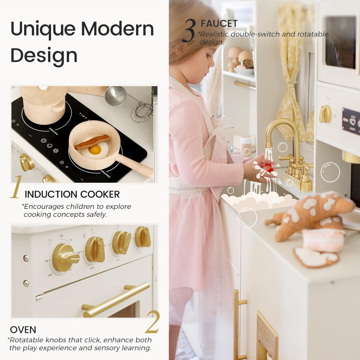 Tiny Land Play Kitchen for Kids – Modern Home Design with Fabric Curtains