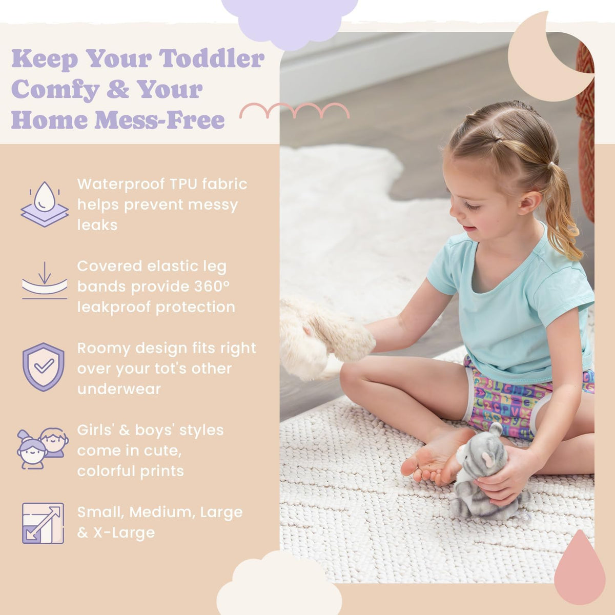 Waterproof Plastic Underwear for Potty Training, 6-Pack - Super-Soft Cloth Diaper Covers with