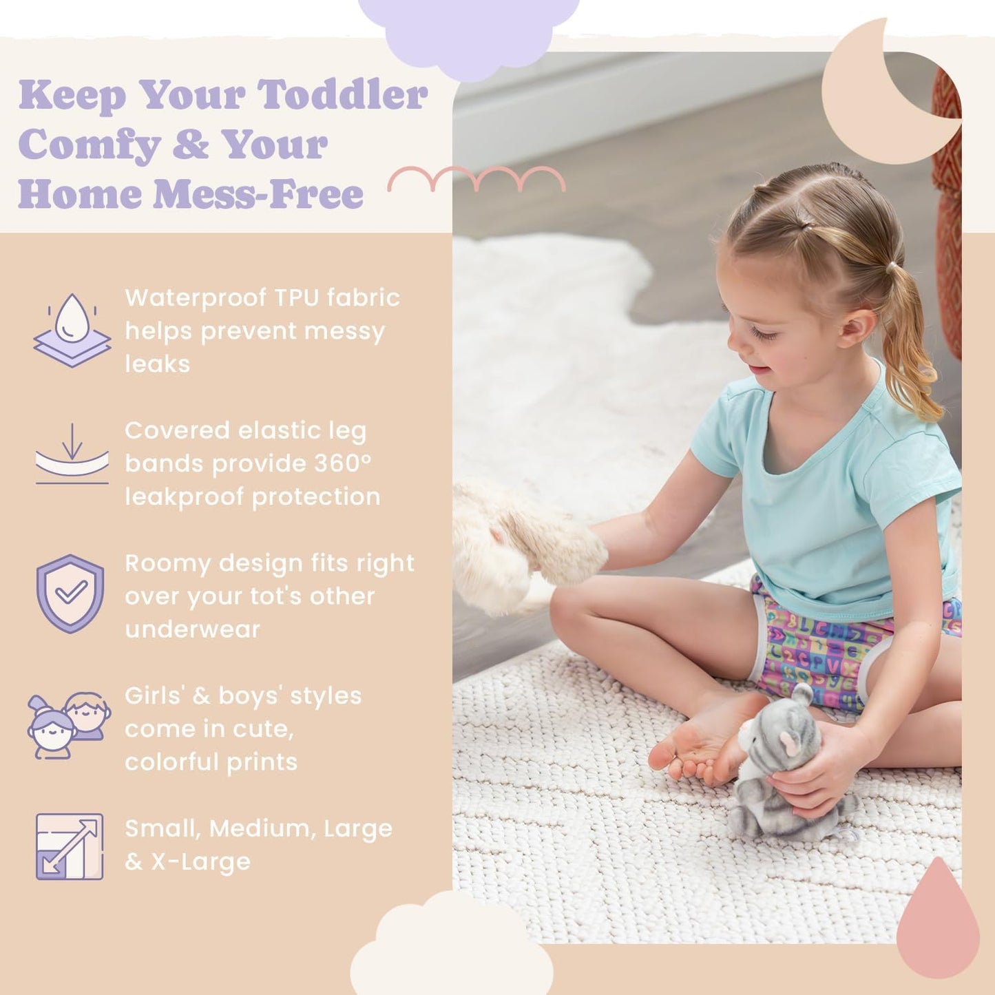 Waterproof Plastic Underwear for Potty Training, 6-Pack - Super-Soft Cloth Diaper Covers with