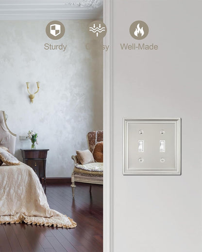 2-Pack Double Toggle Wall Plate, Satin Nickel Light Switch Cover, Metal Switch Covers Wall Plate