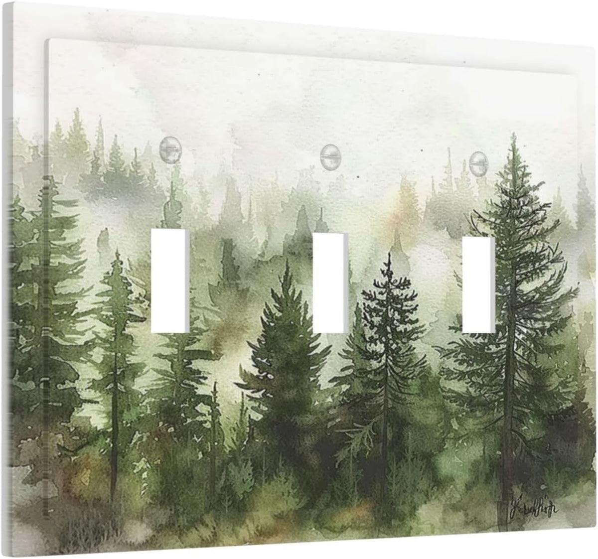 Decorative Switch Plates Green Forest Watercolor Painting Foggy Pine 3 Gang Wall Plate Triple