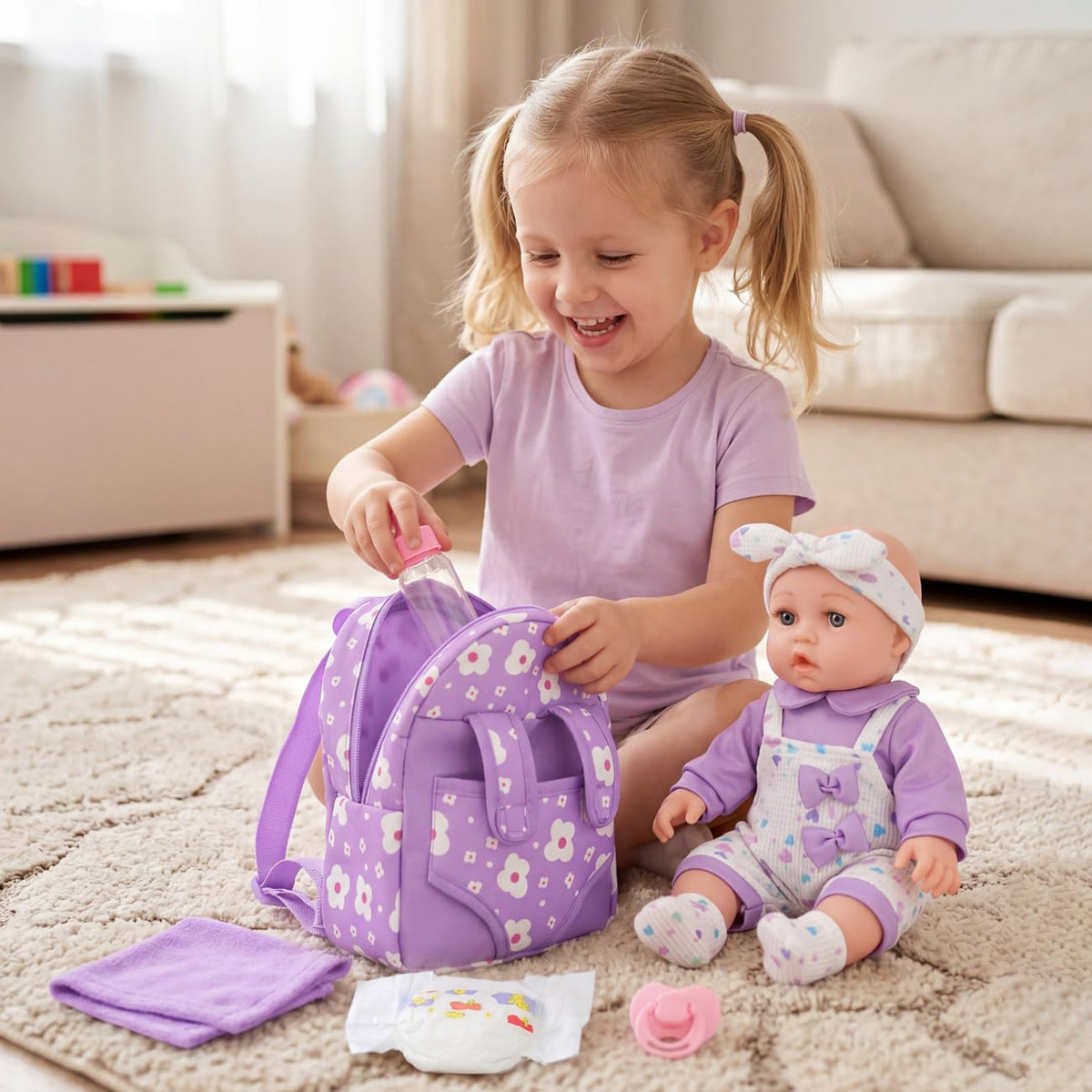 12" Baby Doll with Flower Pattern Backpack Carrier and Accessories Toys