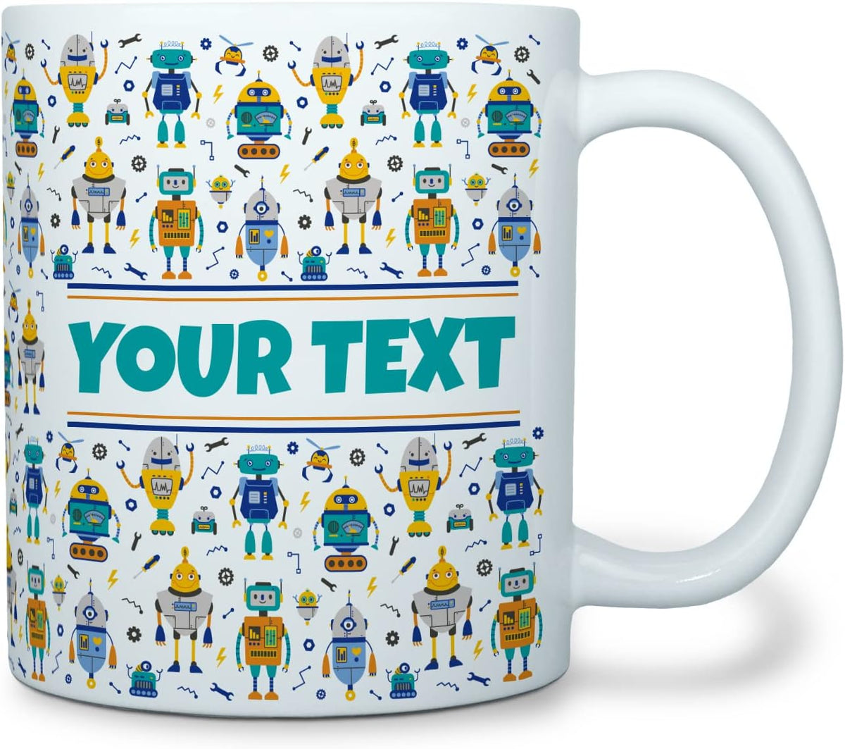 Personalized Mug for Kids - Robots - Custom Name/Text, Ceramic Hot Chocolate/Cocoa/Coffee Cup for