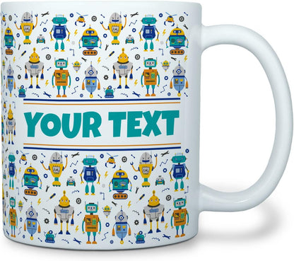 Personalized Mug for Kids - Robots - Custom Name/Text, Ceramic Hot Chocolate/Cocoa/Coffee Cup for