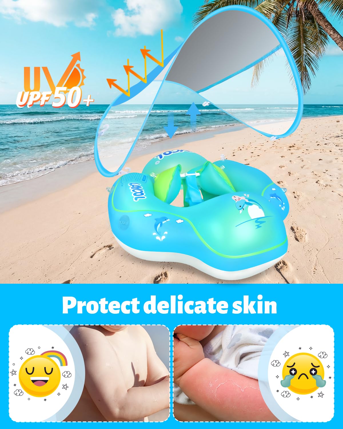 LAYCOL Baby Pool Float with Canopy UPF50+, 5 Point Safety Buckle No Flip Over, Inflatable Toddler