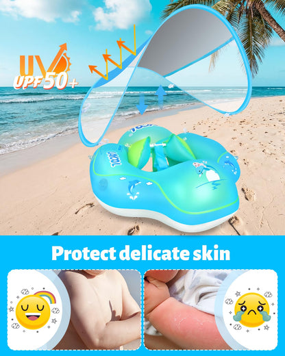 LAYCOL Baby Pool Float with Canopy UPF50+, 5 Point Safety Buckle No Flip Over, Inflatable Toddler