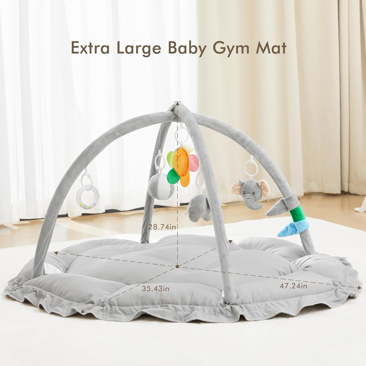 ANGELBLISS 5 in 1 Baby Play Gym Mat, Reversible Tummy Time Mat with 5 Sensory Toys for Stage-Based
