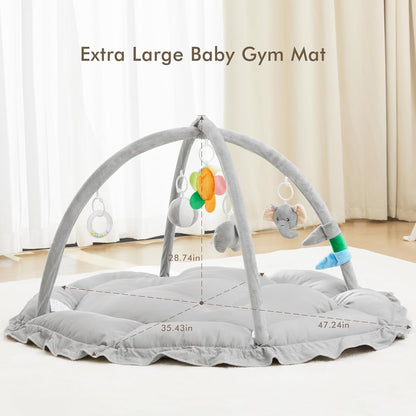 ANGELBLISS 5 in 1 Baby Play Gym Mat, Reversible Tummy Time Mat with 5 Sensory Toys for Stage-Based