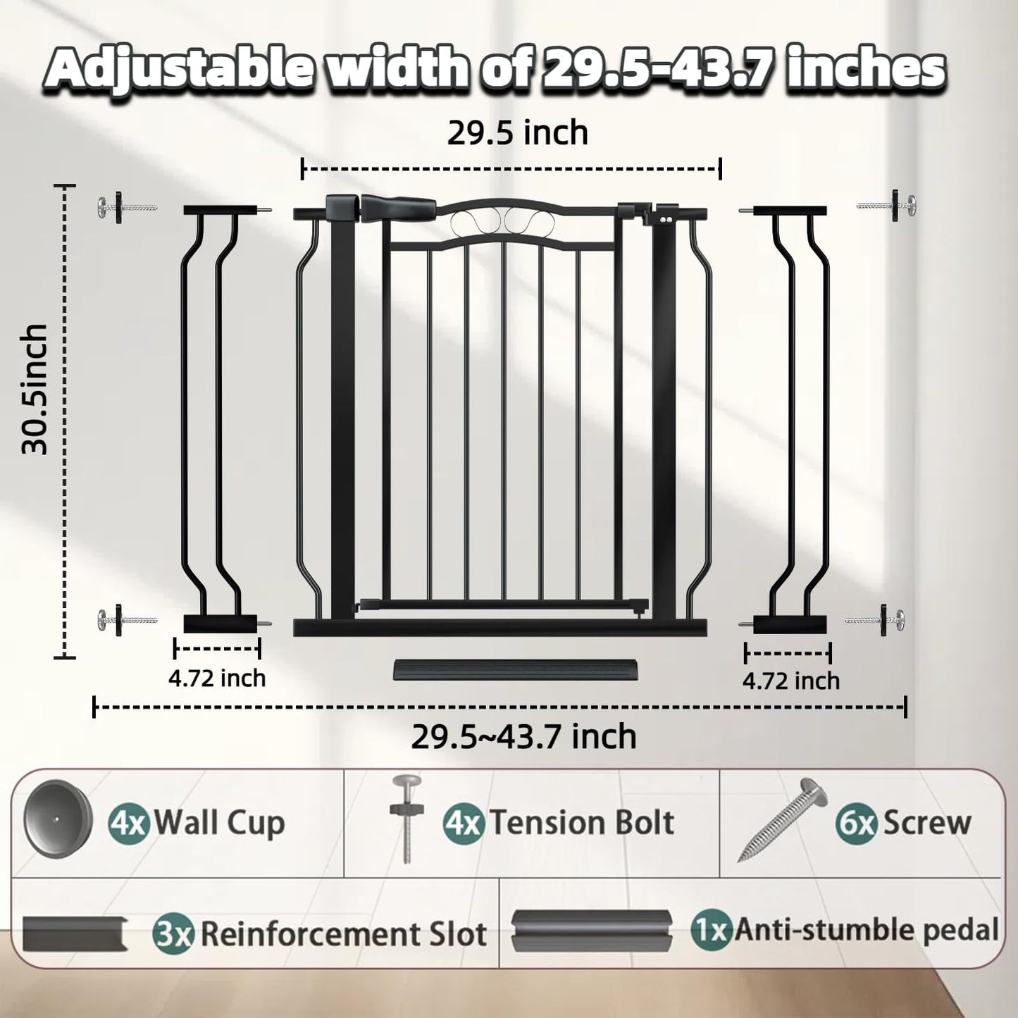 29.53"-43.30" Mornyray Auto-Close Baby Gate Extra Wide, Pressure Mounted Dog & Pet Gate for Stairs