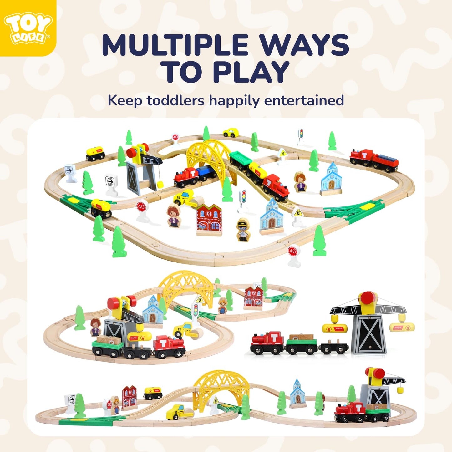 TOY Life Wooden Train Set with Crane, 60-Pc Track, Boys 3-8