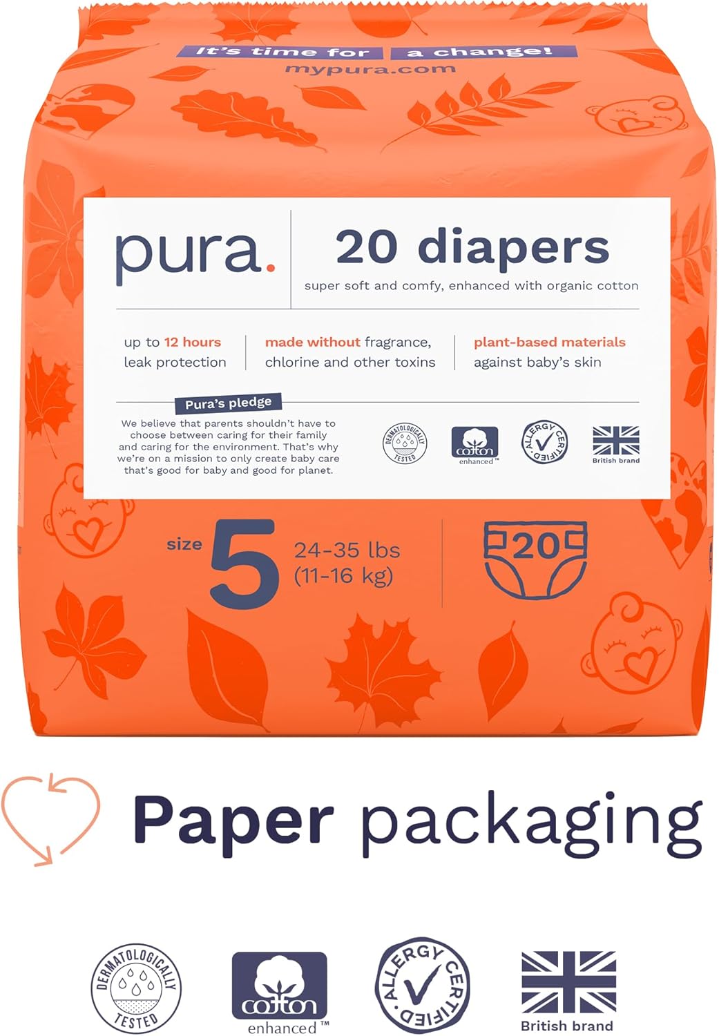 Pura Size 5 Eco-Friendly Diapers (24-35 lbs) Totally Chlorine Free (TCF) Hypoallergenic, Soft