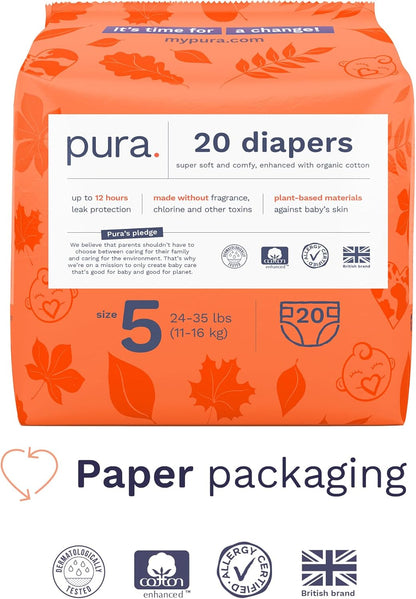 Pura Size 5 Eco-Friendly Diapers (24-35 lbs) Totally Chlorine Free (TCF) Hypoallergenic, Soft