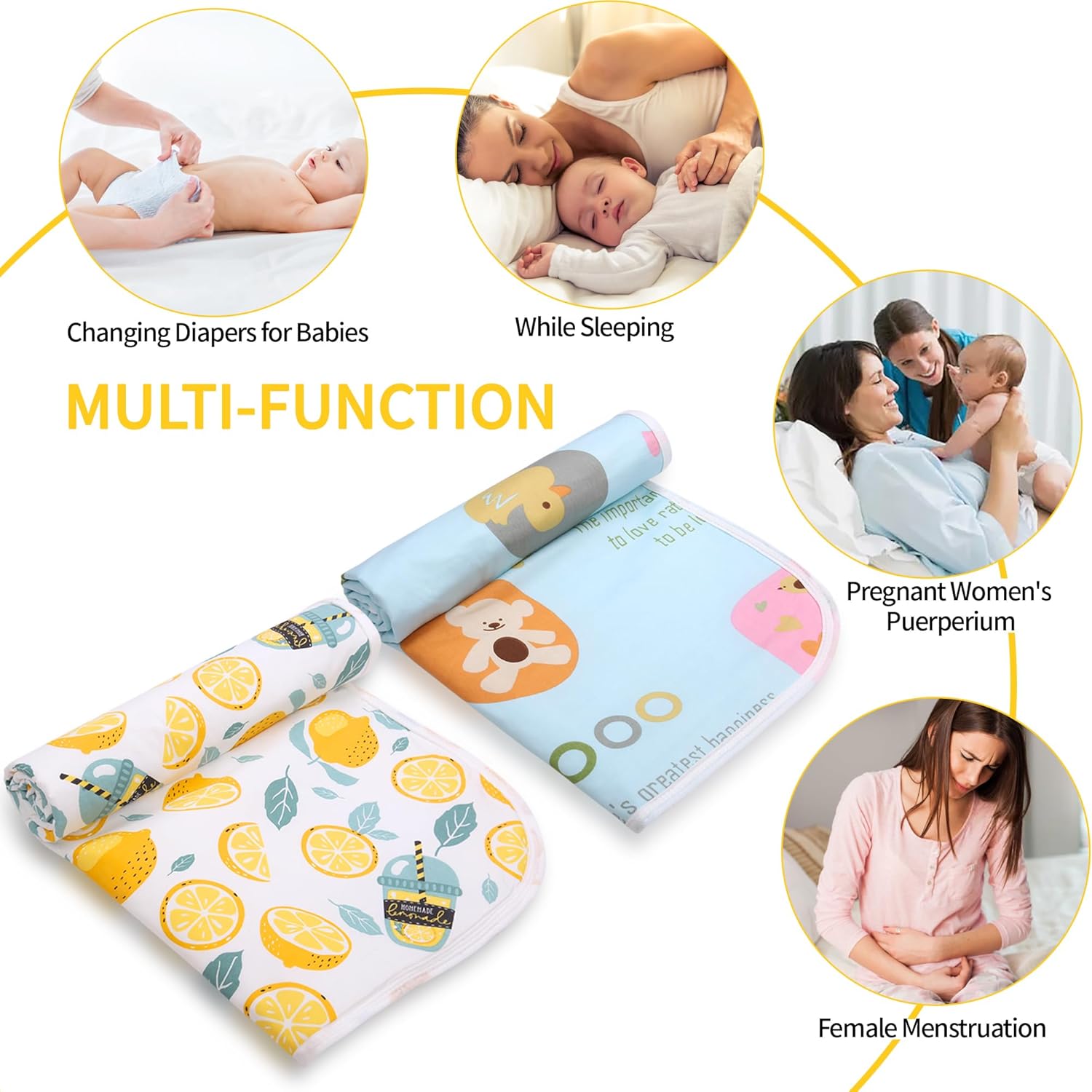 2Pcs Diaper Changing Pads for Baby, Lemon Change Mat, 3Layers Waterproof Change Pad Foldable
