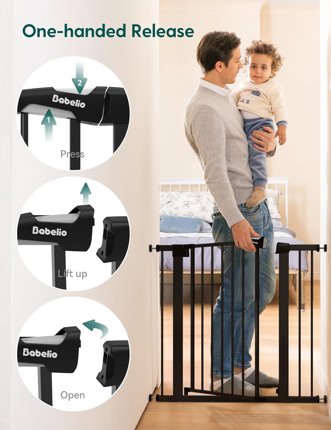 BABELIO 36" Tall Baby Gate, 26-40" Wide Auto Close Pet Gate, Pressure Mounted Metal Dog Gate