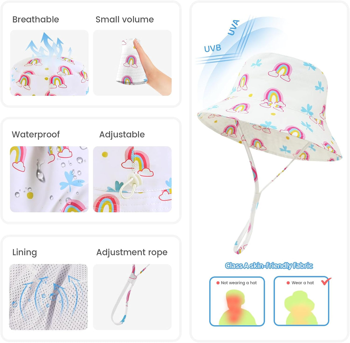 Baby Sun Hat 0-6 Years Toddler Boys Girls Adjustable Bucket Hats Kids Bucket Hats UPF 50+ Wide Brim