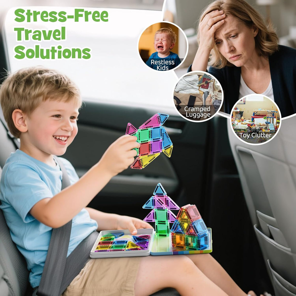 Magnetic Tiles Travel Toys for Kids 4-8, 42PCS Candy Color STEM Building Blocks with Visual Storage