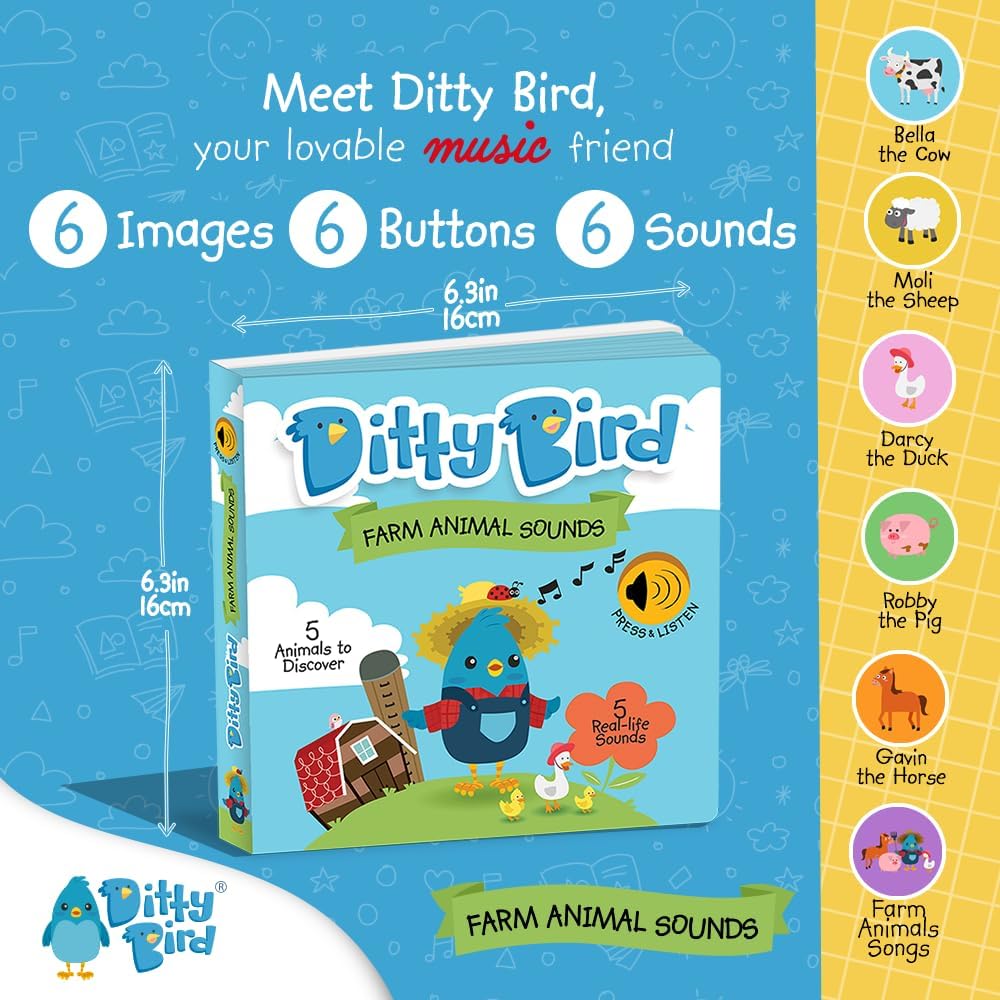 Ditty Bird Farm Animals Sound Book for Toddlers | Interactive Farm Board Book with Real Animal