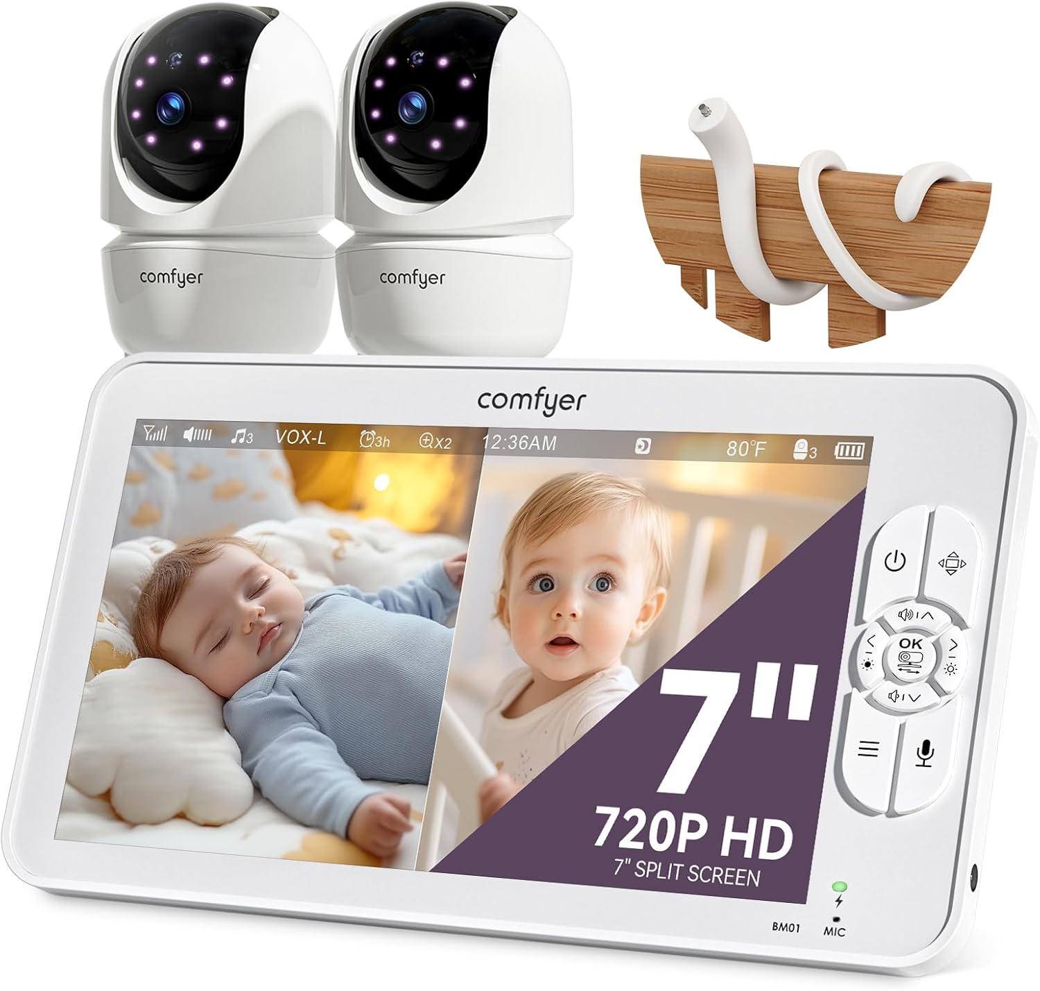 7" Split-Screen Baby Monitor with 2 1080P Cameras, 720P HD No WiFi Monitor with a Flexible Bracket