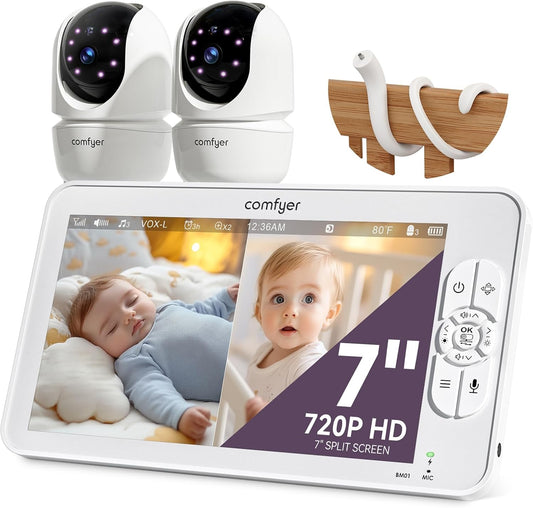 7" Split-Screen Baby Monitor with 2 1080P Cameras, 720P HD No WiFi Monitor with a Flexible Bracket
