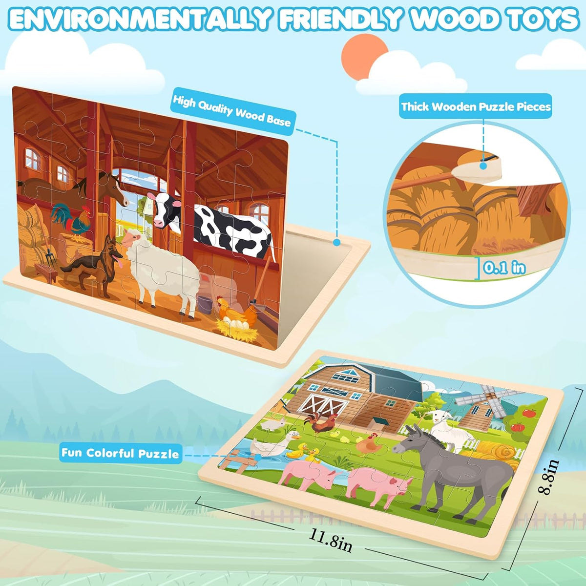 Wooden Farm Puzzles for Kids Age 3 4 5 Year Old, 4 Pack 24 Pcs Montessori Toddler Jigsaw Puzzles