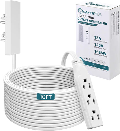 Outlet Concealer Power Strip-Outlet Cover Extender with 3AC Outlets-10ft Flat Plug Extension