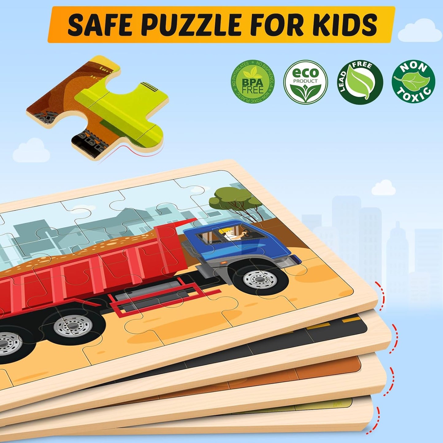 Wooden Puzzles for Kids Ages 4-6, 4 Packs 24 PCS Construction Vehicle Jigsaw Puzzles for Kids Ages