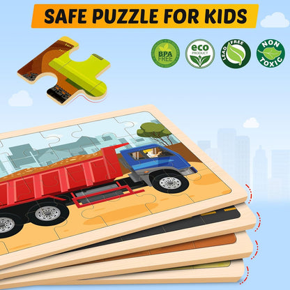 Wooden Puzzles for Kids Ages 4-6, 4 Packs 24 PCS Construction Vehicle Jigsaw Puzzles for Kids Ages