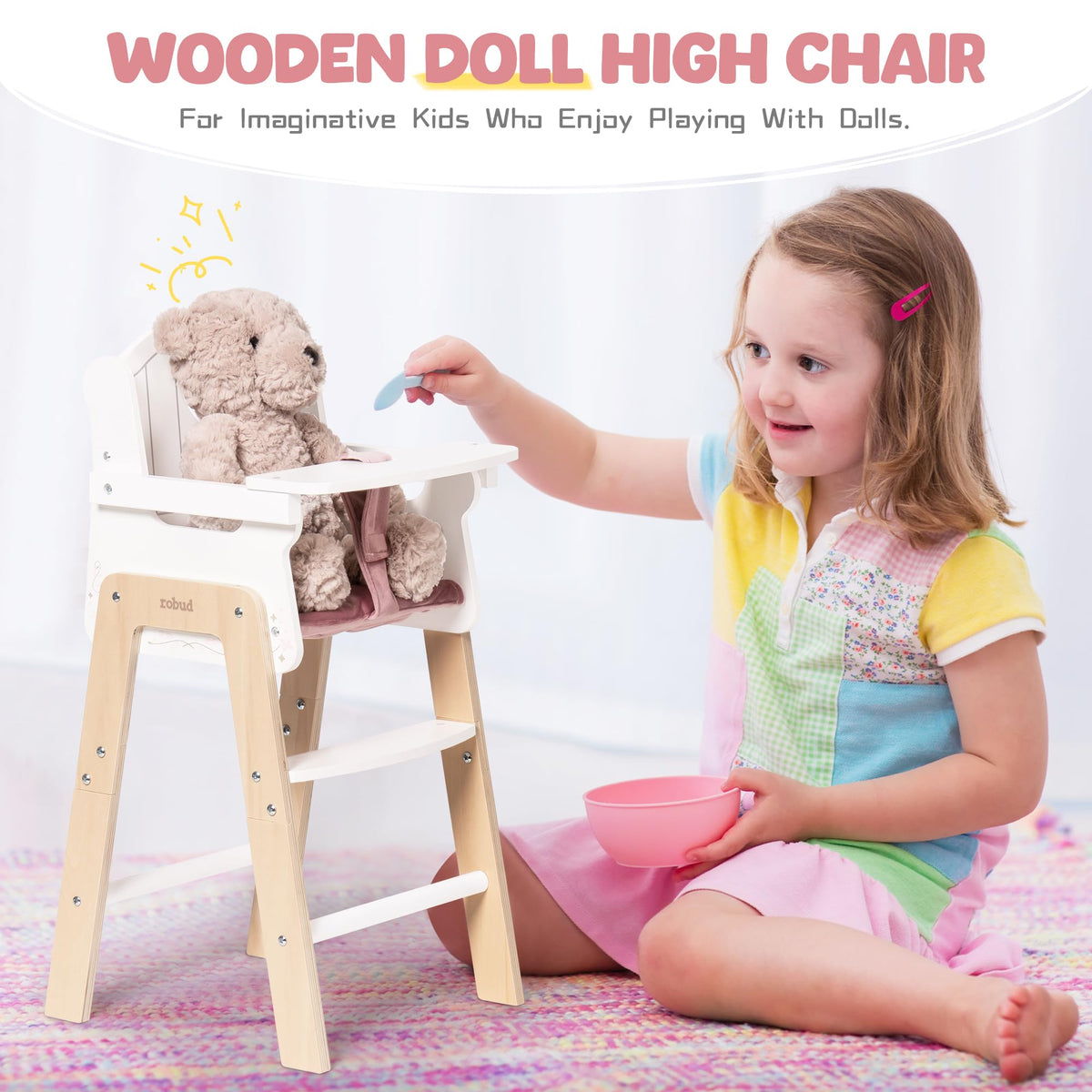 ROBUD Play High Chair, Pretend Play High Chair with Cushion, Movable Table, Wooden Baby Doll