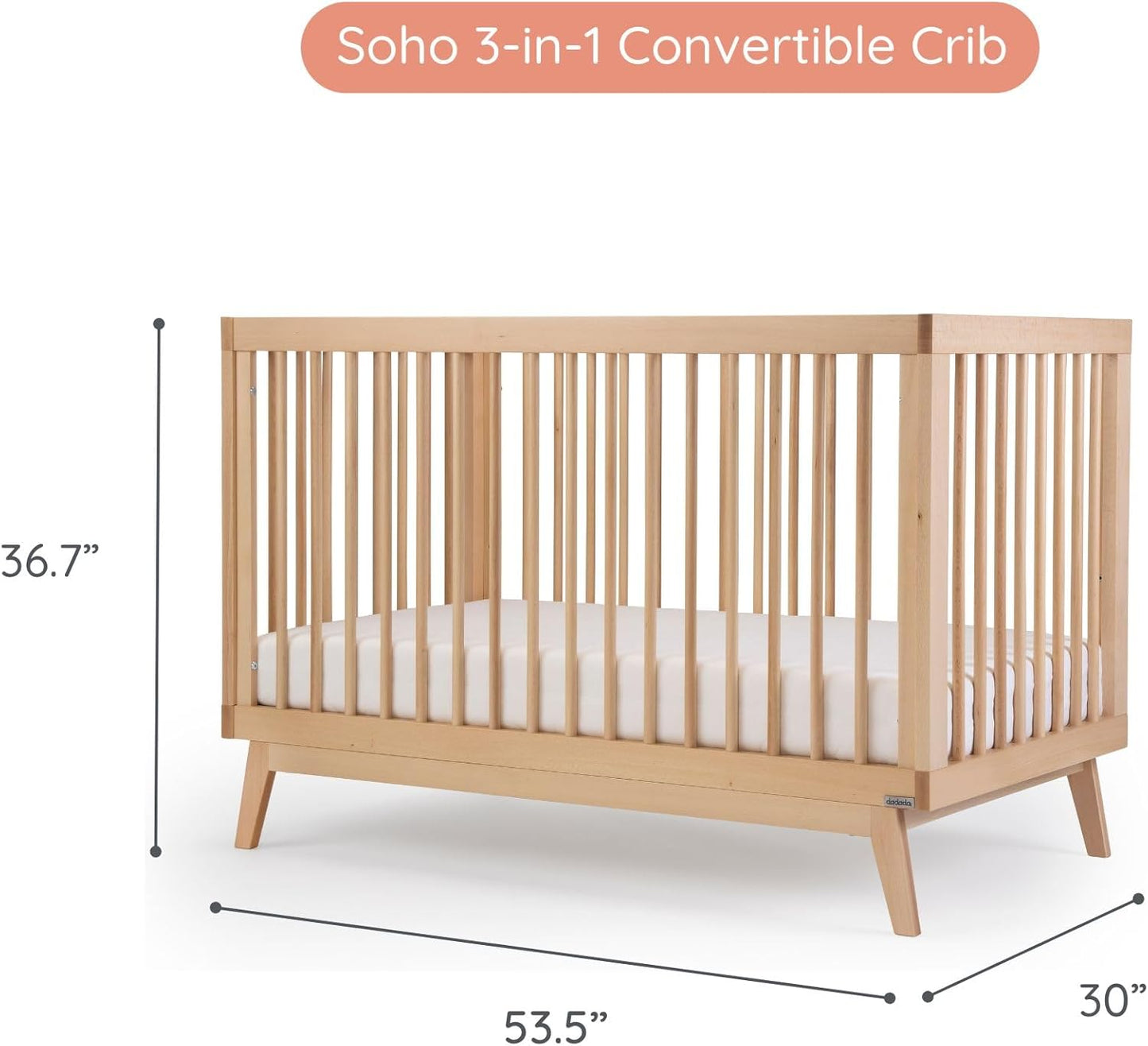 dadada Baby Soho 3-in-1 Convertible Wooden Crib to Toddler Bed - Made in Italy, GREENGUARD Gold