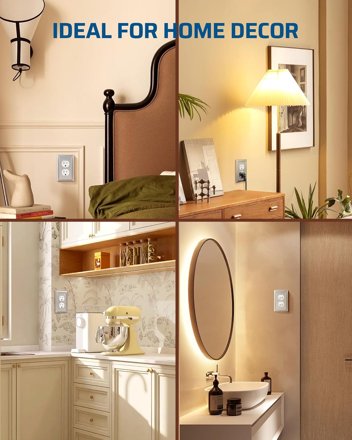 DEWENWILS 4-Pack Duplex Wall Plate, Metal Wall Outlet Cover for Receptacle, Light Switch, Brushed