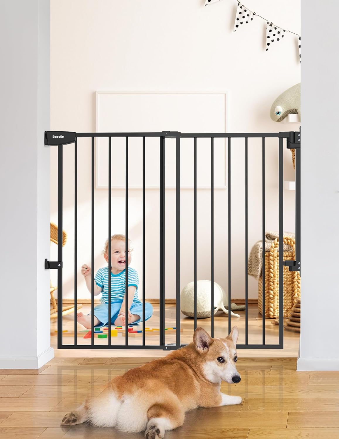 Babelio 34" Tall No Bottom Bar Baby/Dog Gate for Stairs, House and Doorways, 29.7-46.5" Auto Close
