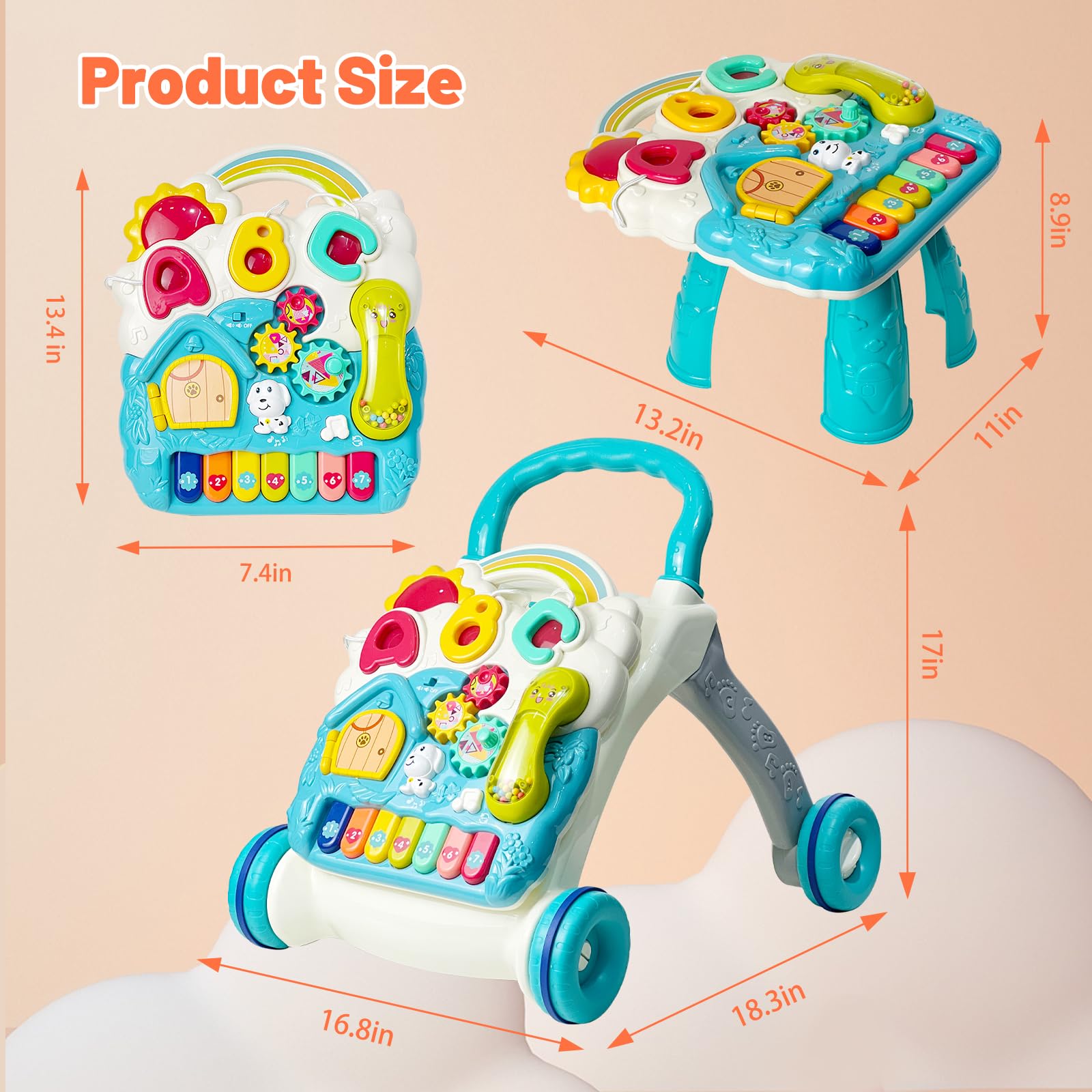 Sit to Stand Baby Walker Toy, Activity Center with Music and Light, Blue