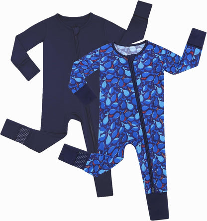 JunNeng 2Pcs Baby Rayon from Bamboo Sleeper with Mitten Cuffs, Footless Zipper Cozy Pjs, Non-Slip