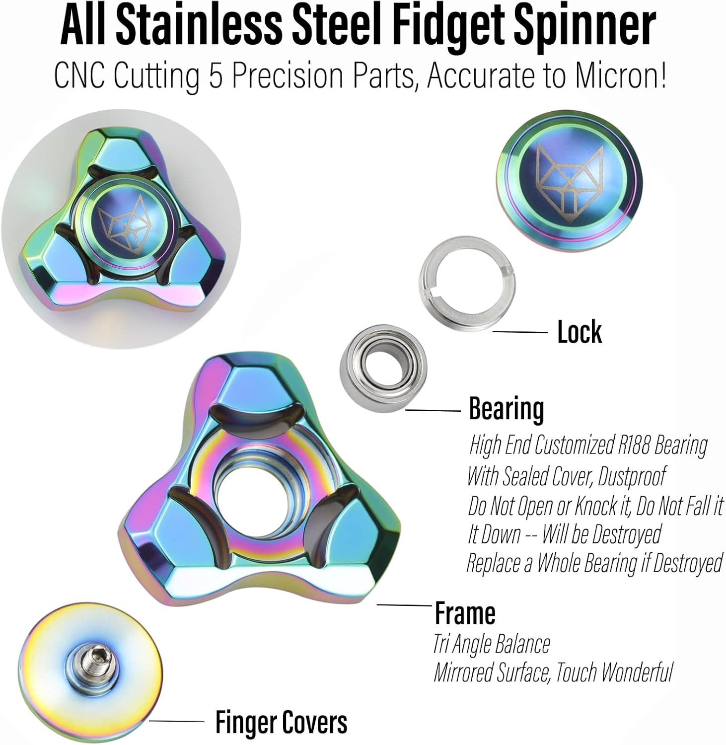 FREELOVE Metal Fidget Spinner, Stainless Steel Heavy, Long Spinning Toys, Cool Silent, Small Mini