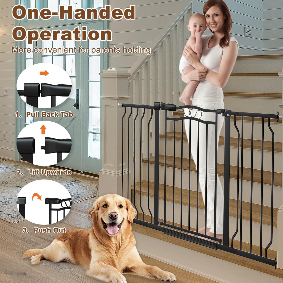 29.5-43.7" Wide Baby Gate for Stairs No Drilling, 30" Tall Metal Pet Baby Safety Gates with