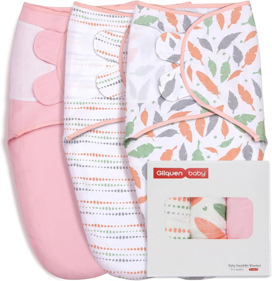 GLLQUEN BABY Swaddle Blankets for Baby Girls, Orange Pink Feather & Wave Point, 3 Pack Wrap Set