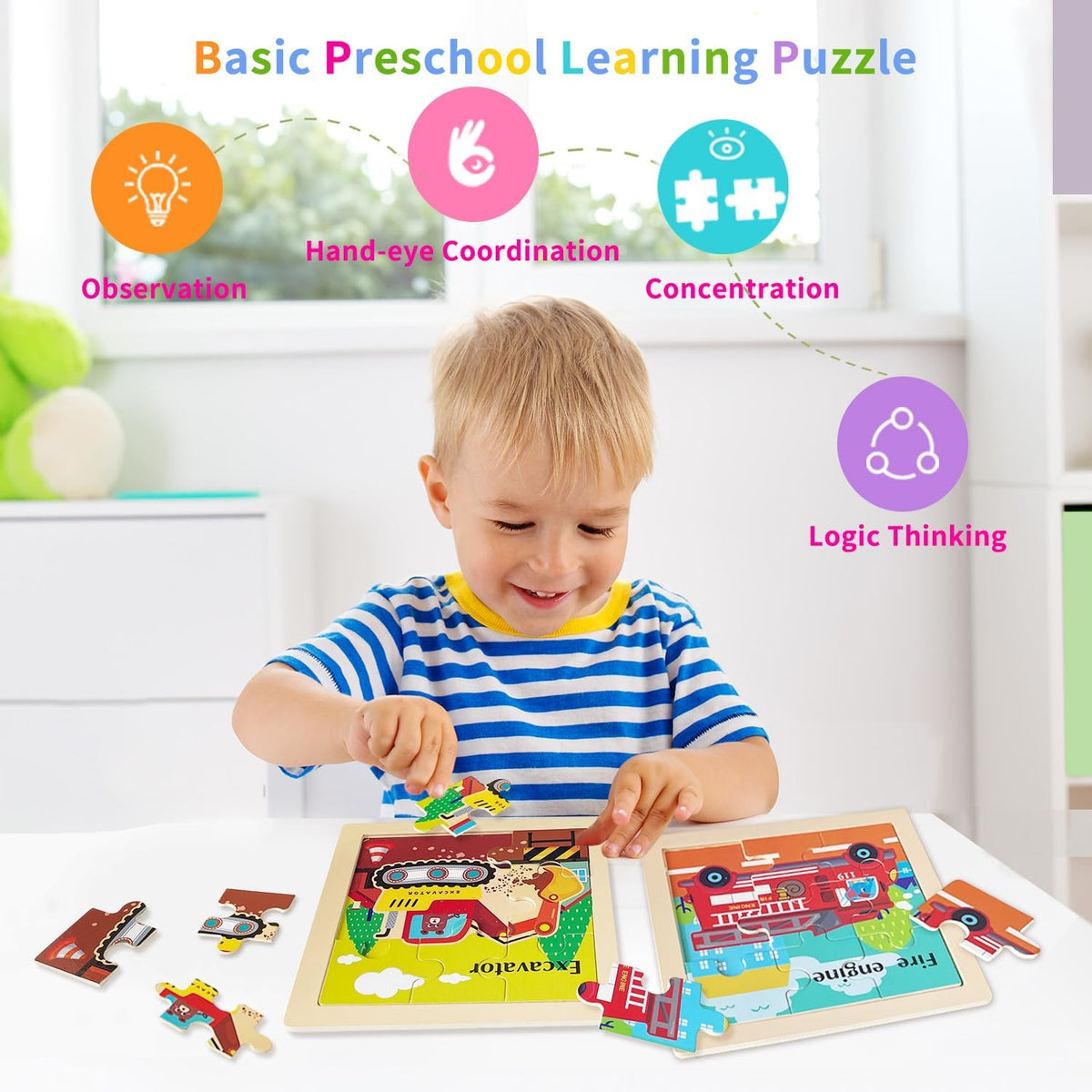 Wooden Puzzles for Toddlers 2-4, 9 Pieces Vehicle Jigsaw Puzzles for Kids Ages 3-5, Toddler Toys