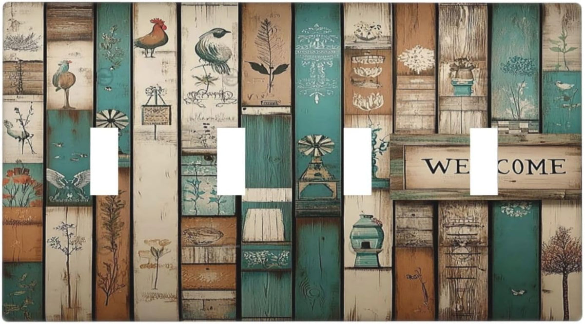 Light Switch Covers Vintage Wood Brown Turquoise Splicing Quad Toggle Electrical Faceplate 4 Gang