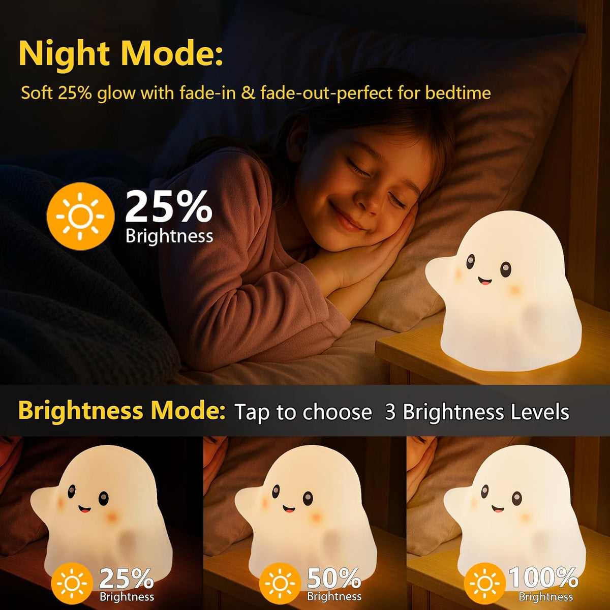 Halloween Ghost Night Light RGB – Touch Night Light for Kids, Rainbow Color-Changing,30-Min