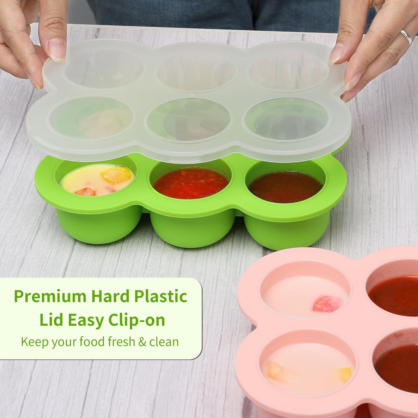 Baby Silicone Freezer Tray with Clip on Lid, 6 x 3 OZ Baby Silicone Freezer Molds, Silicone Storage