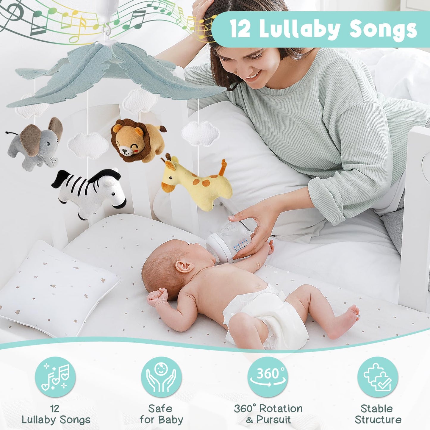 PIIKAGO Animals Crib Mobile for Boys & Girls - Safari Baby Mobile for Crib with Upgraded 3-Mode