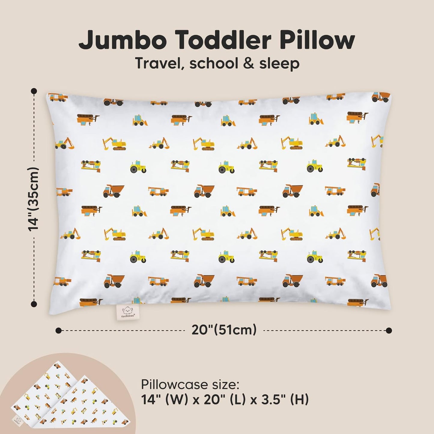 KeaBabies Toddler Pillow with Pillowcase, Jumbo 14X20 - Soft Organic Cotton Toddler Pillows for