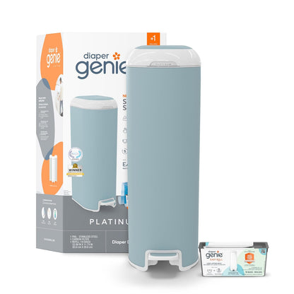 Diaper Genie Platinum Pail (Glacial Blue) is Made in Durable Stainless Steel and Includes 1 Easy